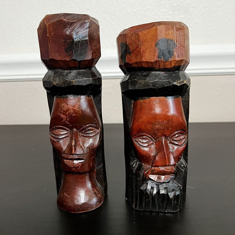 Hand Carved Jamaican Rastafarian Man & Woman Solid Wood Totem Vintage 1983 Set 2